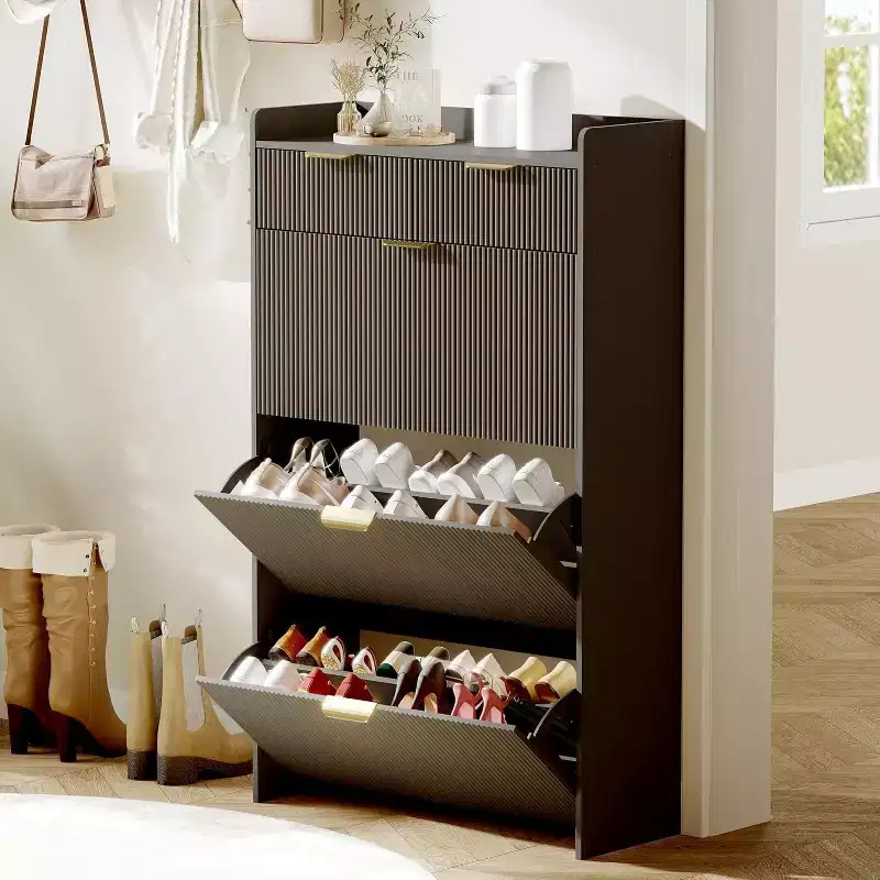 Modern White Shoe Cabinet with 3 Flip Drawers & 2 Small Drawers & Hook, Slim Fluted Shoe Storage Organizer, Narrow Entryway Cabinet