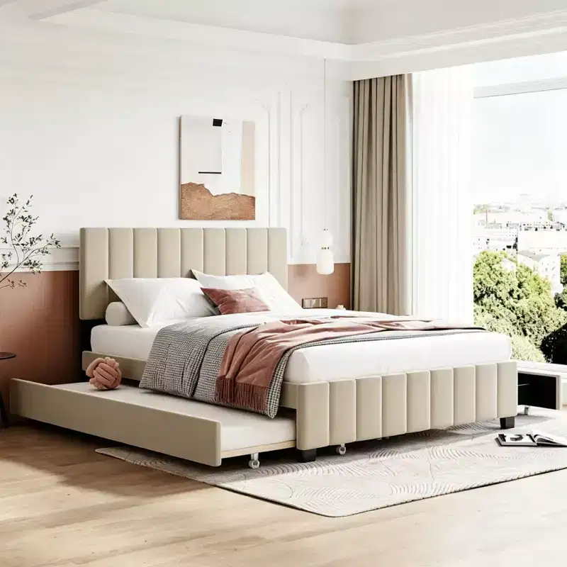 Luxystar Modern Queen Velvet Upholstered Platform Bed with 2 Drawers and Trundle,
