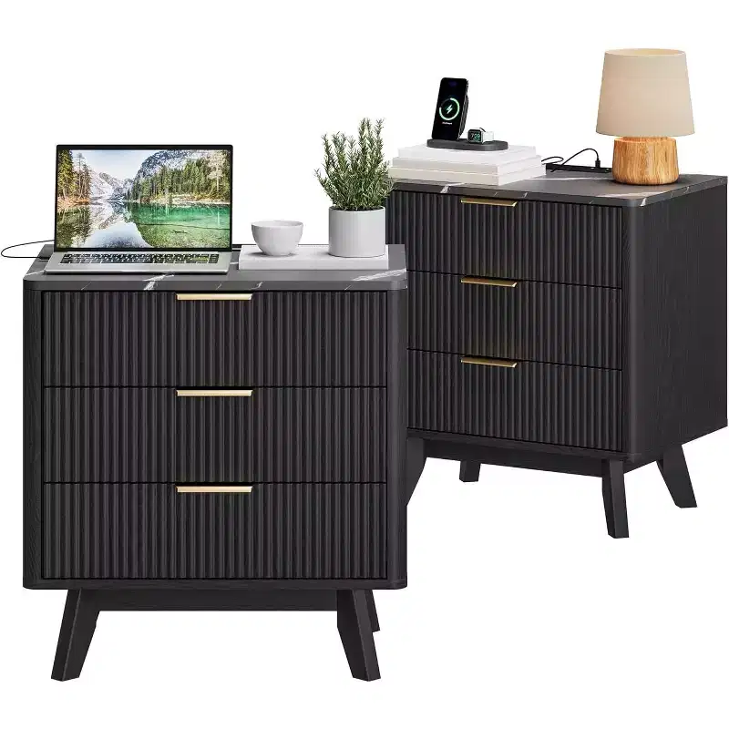 Set of 2 24 Fluted Nightstands, Wide Natural Bedside Table with Charging Station, 3 Large Storage Drawers & Metal Handle for Bedroom & Living Room