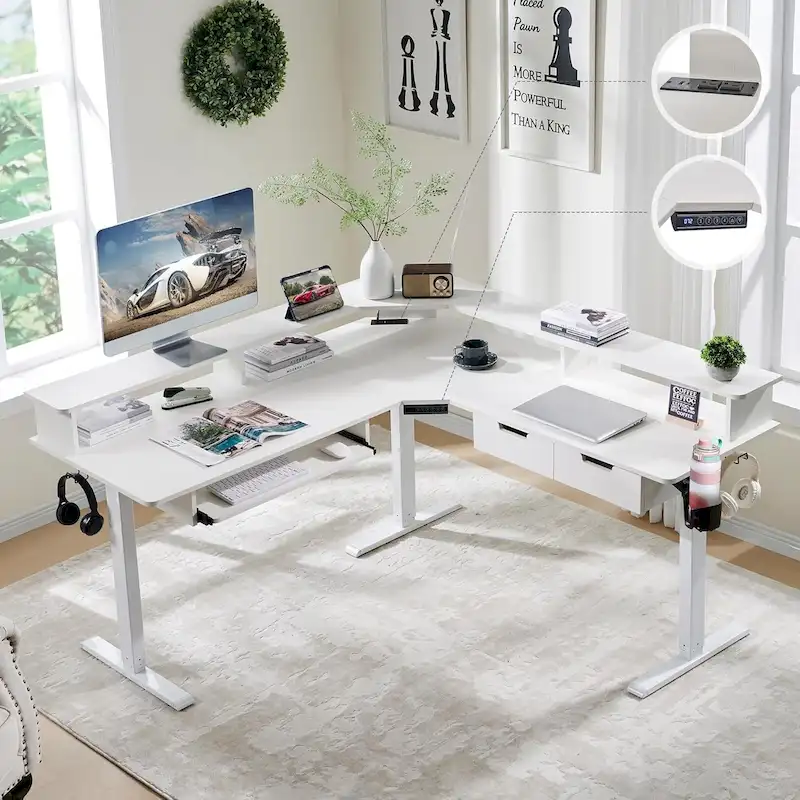 L-Shaped Electric Standing Desk, Height Adjustable, RGB LED, Carbon Fiber Black / Dark Rustic Oak / Antique White, 1-Person