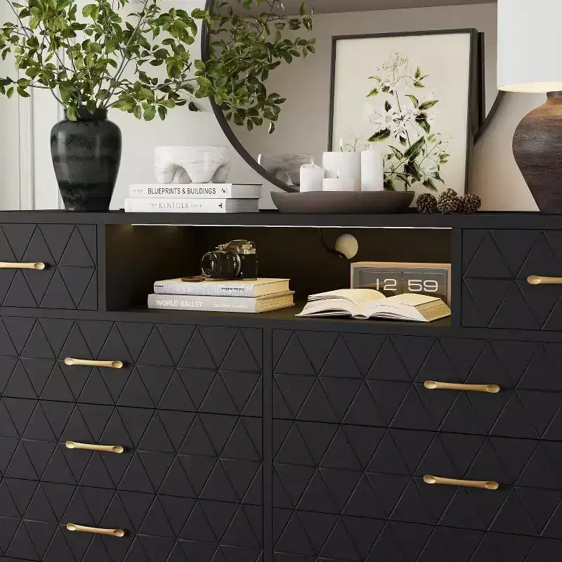 Zstar Modern 8-Drawer Dresser with Built-in USB and AC Charging Stations, LED Lights, Black