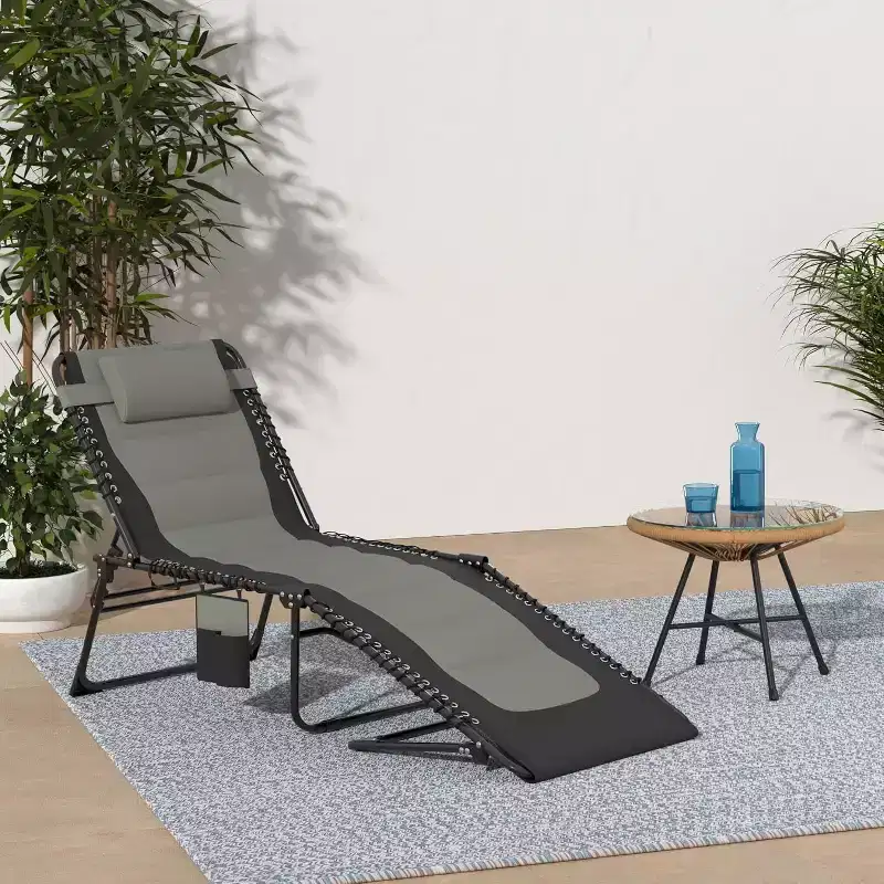 Summit Adventure 5-Position Adjustable Folding Lounge Chair with Pillow  Supports 264lbs, Outdoor/Patio/Beach