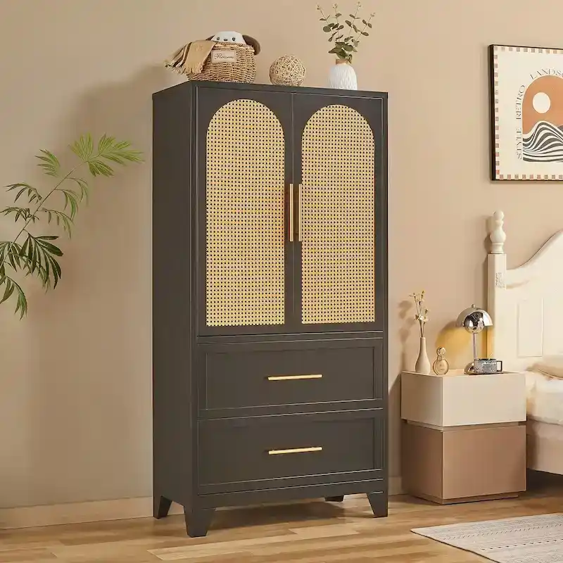 Rattan Armoire Wardrobe Clo Cabinet with Drawer & Hanging Rod - 65H x 31.5W x 17.7D