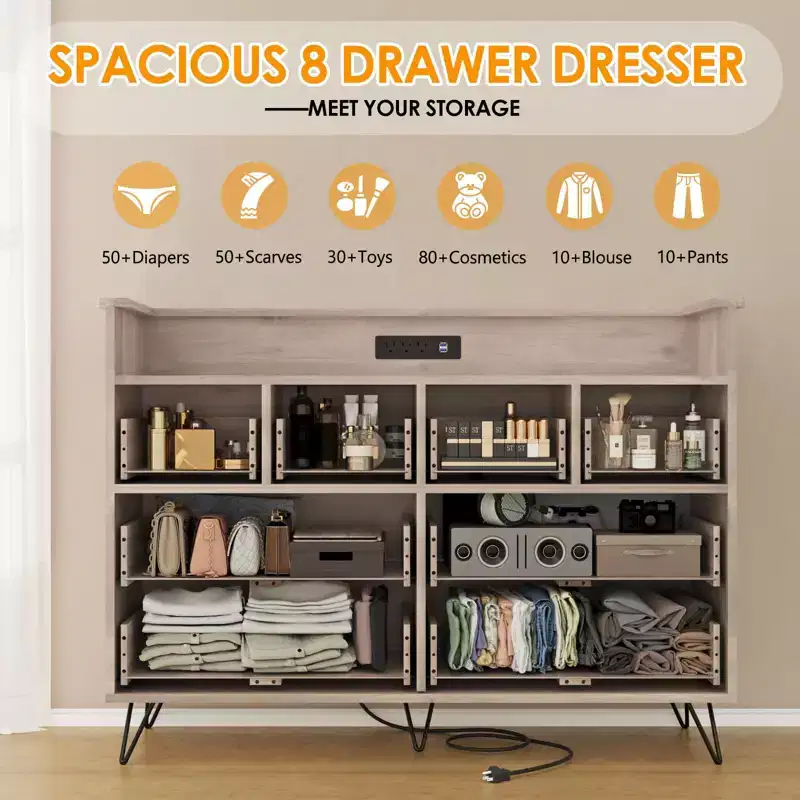 8-Drawer Dresser with Power Outlet, LED Lights & Gold Handles, Modern Wood Chest, White