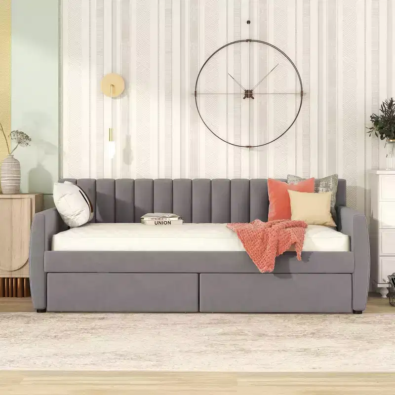 Twin Size Upholstered daybed with Drawers Wood Slat Support Gray