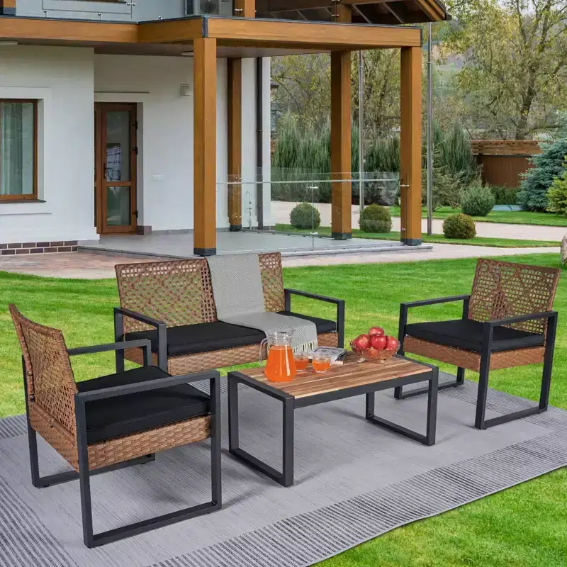 GDFStudio Elton Patio 4 pcs Steel and Rattan Conversation Set