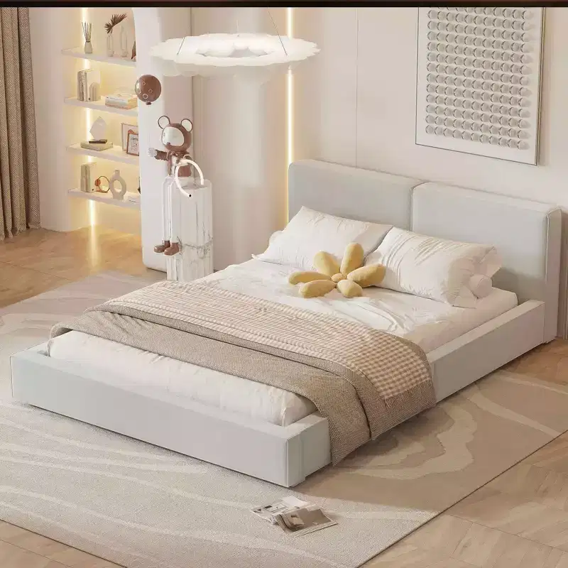 MAYEERTY Queen Size Velvet Upholstered Platform Bed, Solid Frame Grounded Design, Bedroom, Beige