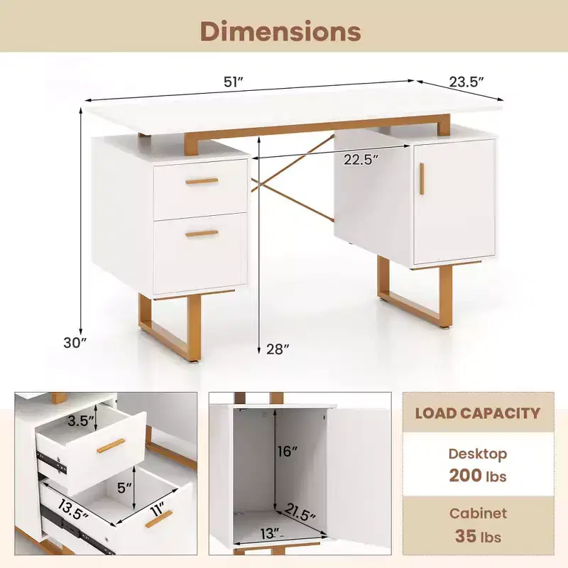 51 Home Office Desk with Floating Desktop Dual Drawers Cabinet & Metal Frame