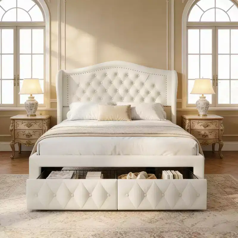 Dyonery Queen bed frame, 52.6 inches high, with two drawers, velvet soft packaging, diamond sewn headboard, vintage rivets and wing back design.