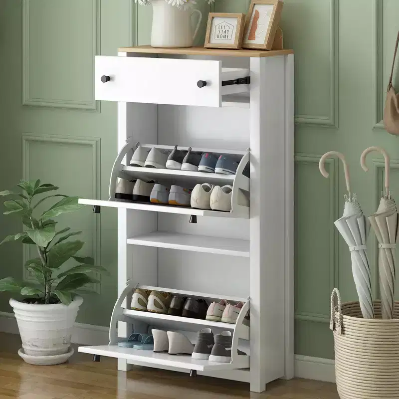 Functional Wood Grain Shoe Cabinet with 2 Flip Top Drawers and Adjustable Panels - ModernLuxe