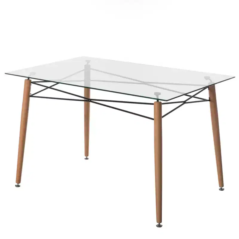 Fabulaxe Rectangle Clear Glass Top Accent Dining Table with 4 Beech Metal Frame Solid Wood Legs | Modern Space Saving Small Leisure Tea Desk