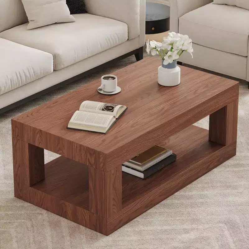 Modern Rectangular 2-Tier MDF Coffee Table, Open Storage Shelf Stable Durable Table for Living Room Furniture