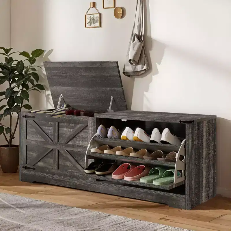 Shoe Storage Bench Shoe Cabinet with Flip Drawer and Flip-Top Storage White or Dark Rustic