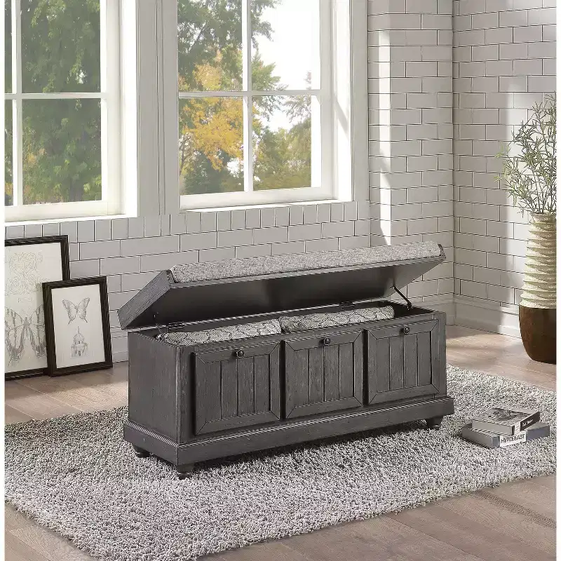 Retro Style Flip-Top Cushioned Seat Ottoman Bench with Storage, Solid Wood Storage Bench for Bedroom, Entrance