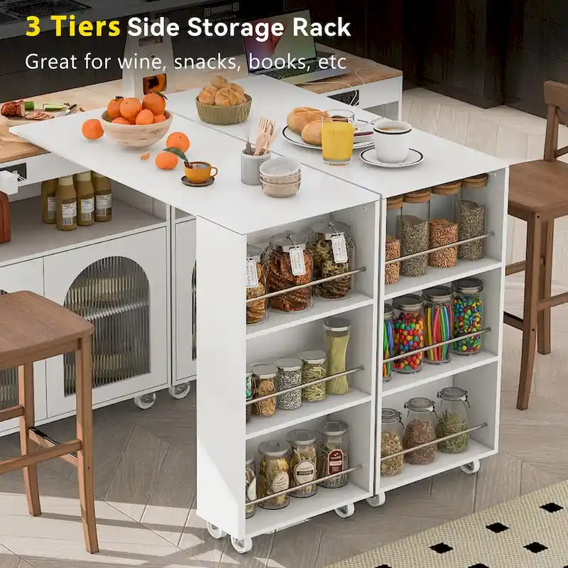 33 in. W Kitchen Island Rubberwood Top on 8 Wheels With Extended Table, LED Lights, Power Outlets