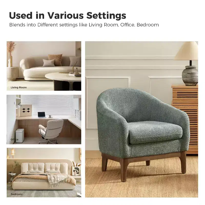 Boucle Barrel Armchair Set of 2 Solid Wood Legs High-Density Foam Dual-Sided Cushion