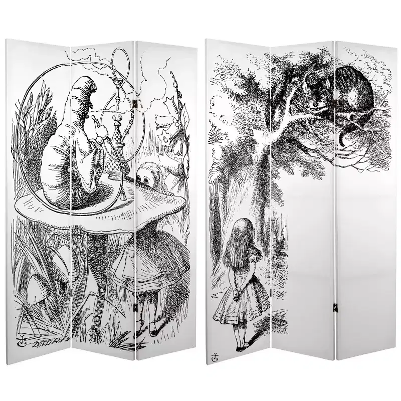 71" Double Sided Alice in Wonderland Canvas Room Divider White - Oriental Furniture: Adjustable Folding Partition