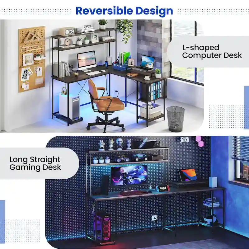 L-Shaped Gaming Desk with LED Strip & Power Outlets