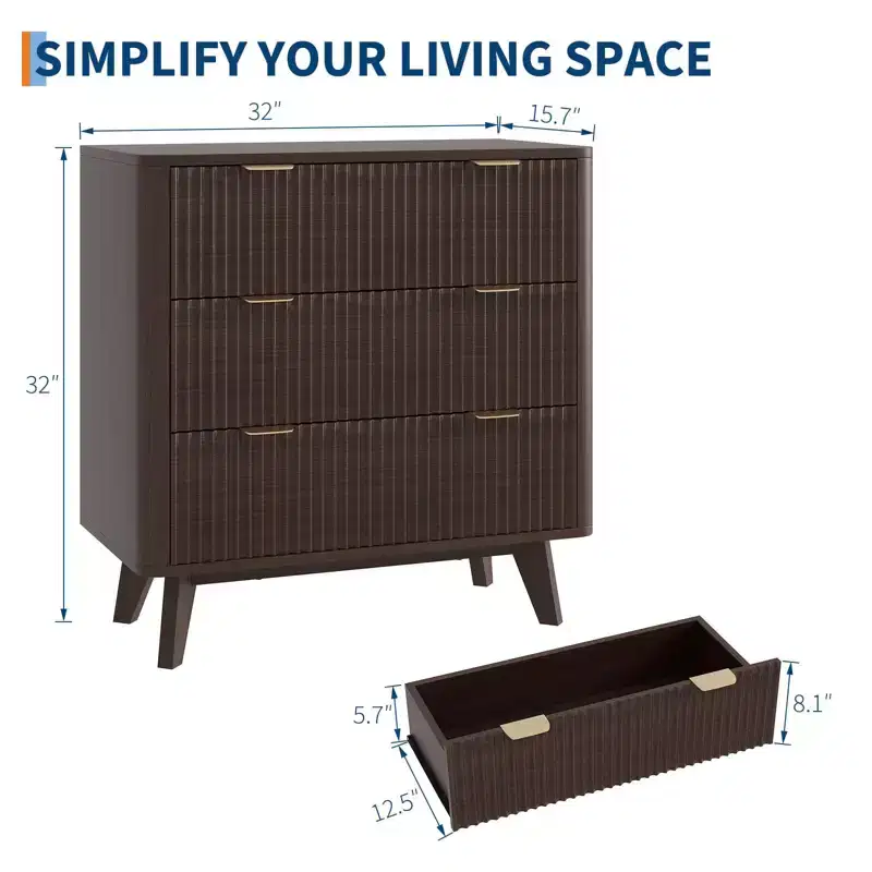 32 Modern Fluted Nightstand - Faux Marble Top & 3 Drawers - Large Walnut Bedside Table for Bedroom, Living Room, Hallway