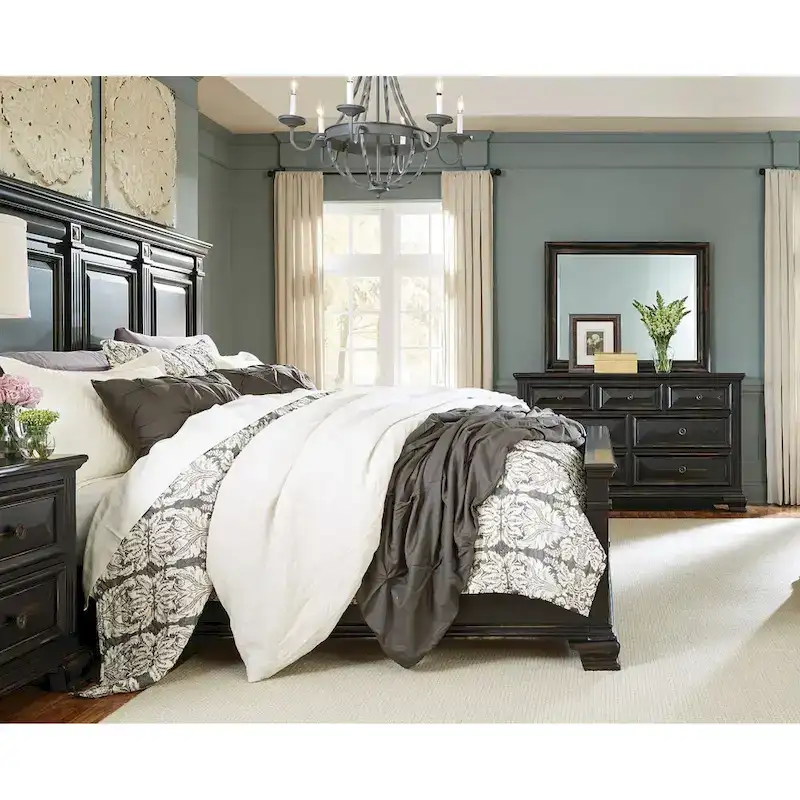 Roundhill Furniture Renova Vintage Black Wood Bedroom Set, Panel Bed, Dresser, Mirror, Two Nightstands