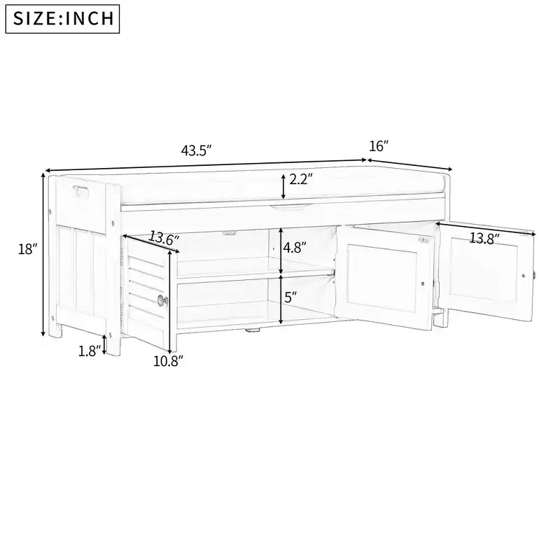 Entryway Storage Bench with Cushion, Wooden Shoe bench with Seat and 3 Shutter-shaped Doors