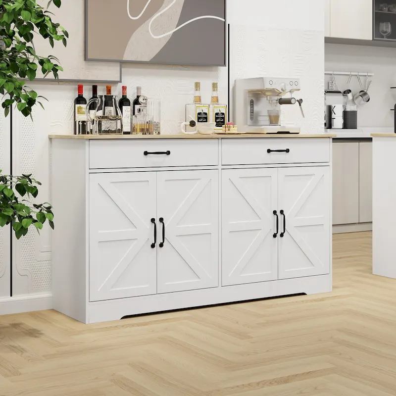 Large Farmhouse Buffet Cabinet Storage Sideboard with 2 Drawers and 4 Doors for Dining Living Room Kitchen Cupboard-White