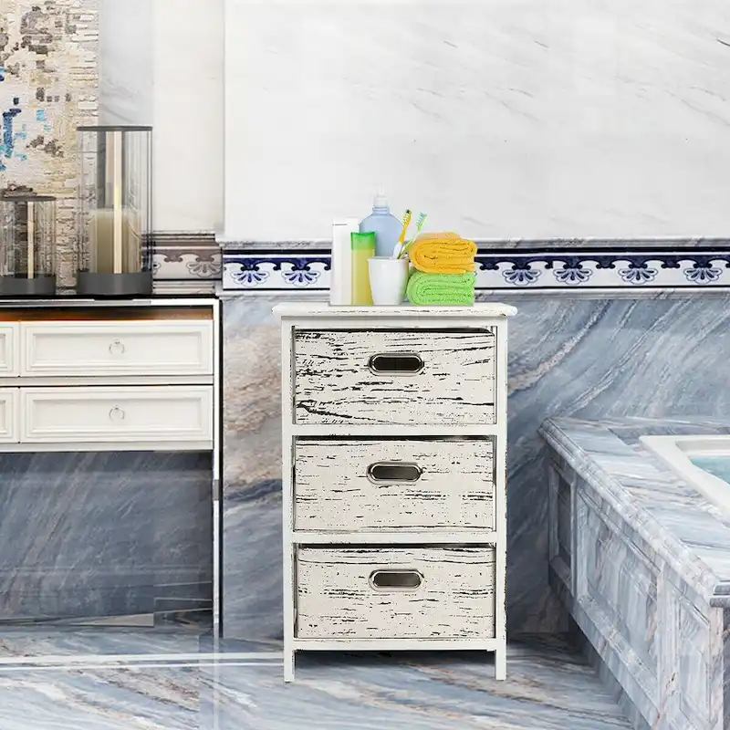 Set of 2 Vintage Solid Wood Nightstands with 3 Fabric Drawers | 110 lb Capacity | 16
