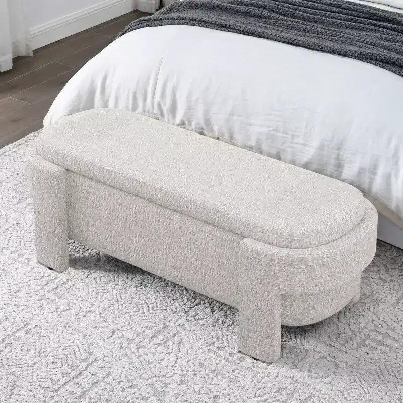 Linen Upholstered Storage Bench with Large Hidden Compartment, Comfortable Foam Cushion Seat for Bedroom, Living Room