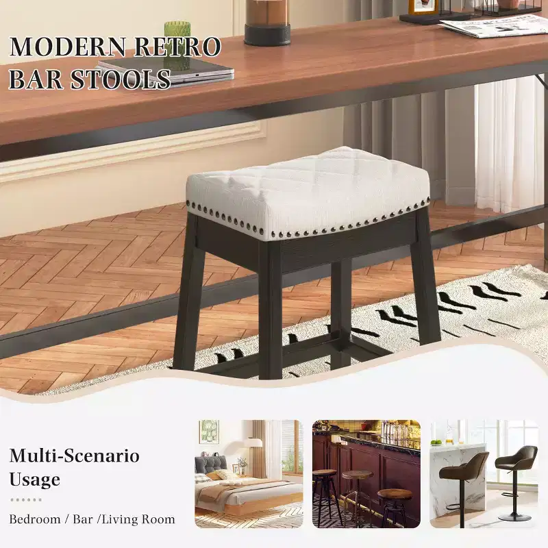 Counter Stool With Solid Wood Frame, Backless Bar Stool With Upholstered Seat (set Of 2)
