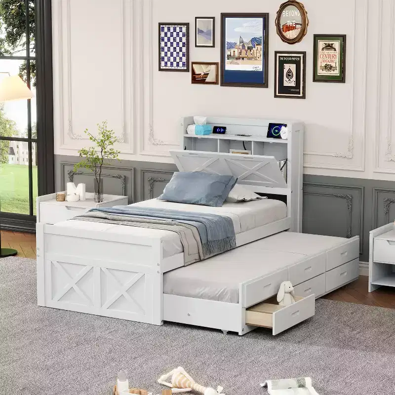Twin/Full Size Wooden Platform Bed Frame with Storage Headboard & Outlets, Twin Size Trundle & 3 Storage Drawers - ModernLuxe