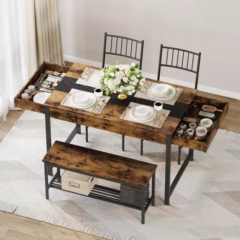 Dining Table Set for 4, Small Kitchen Table and 2 Chairs for 4 with Bench, Space Saving Kitchen Table Set with Storage Rack & Drawers