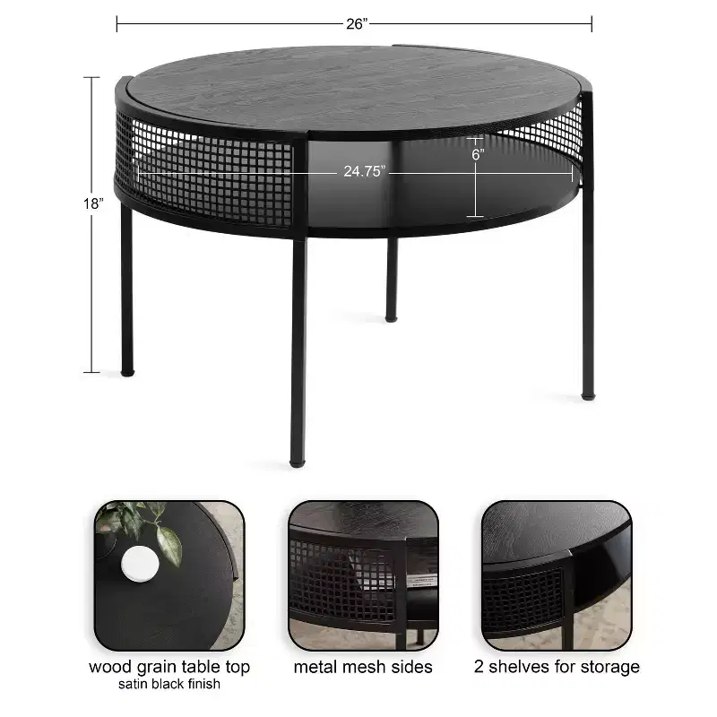 Round Coffee Table 26x25x18 - Black Wood, Two-Tier Design