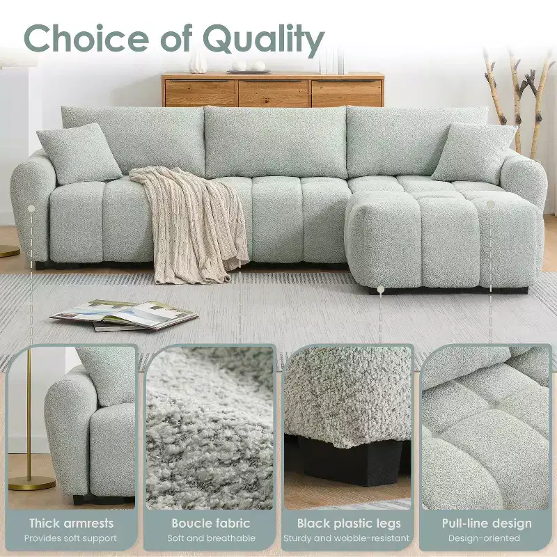 110 L-Shaped Modular Sectional Sofa with Extra-Large Seat, Pull-Line Cushion, Ottoman, Boucle Upholstery, 4-Seat