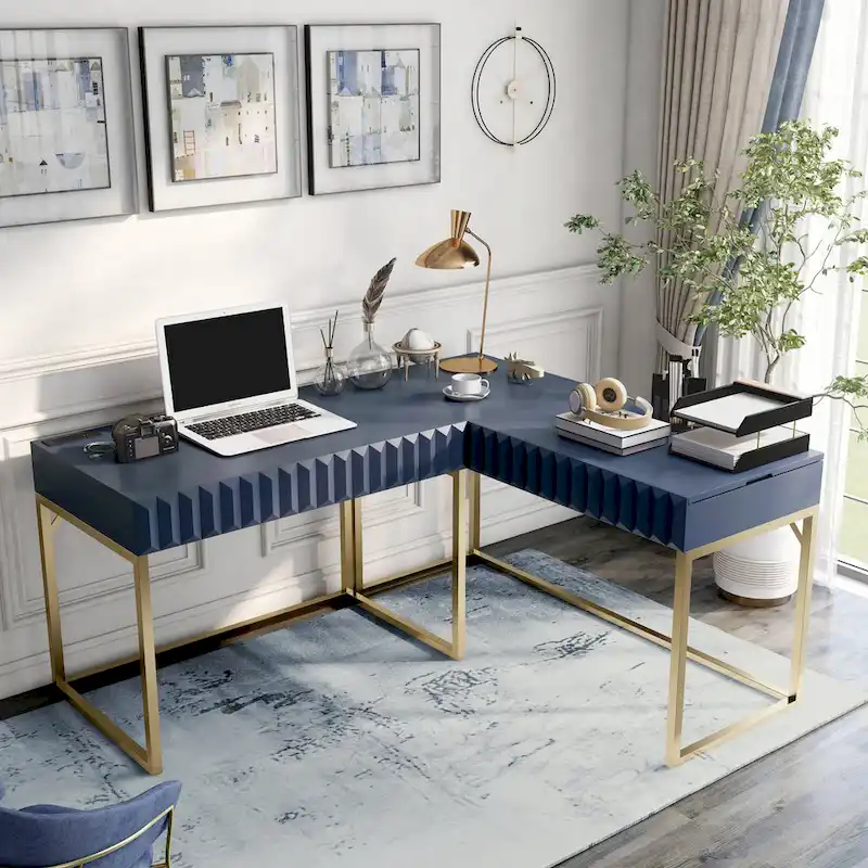 Bird Glam Metal Lift-top L-Shaped Computer Desk with USBs