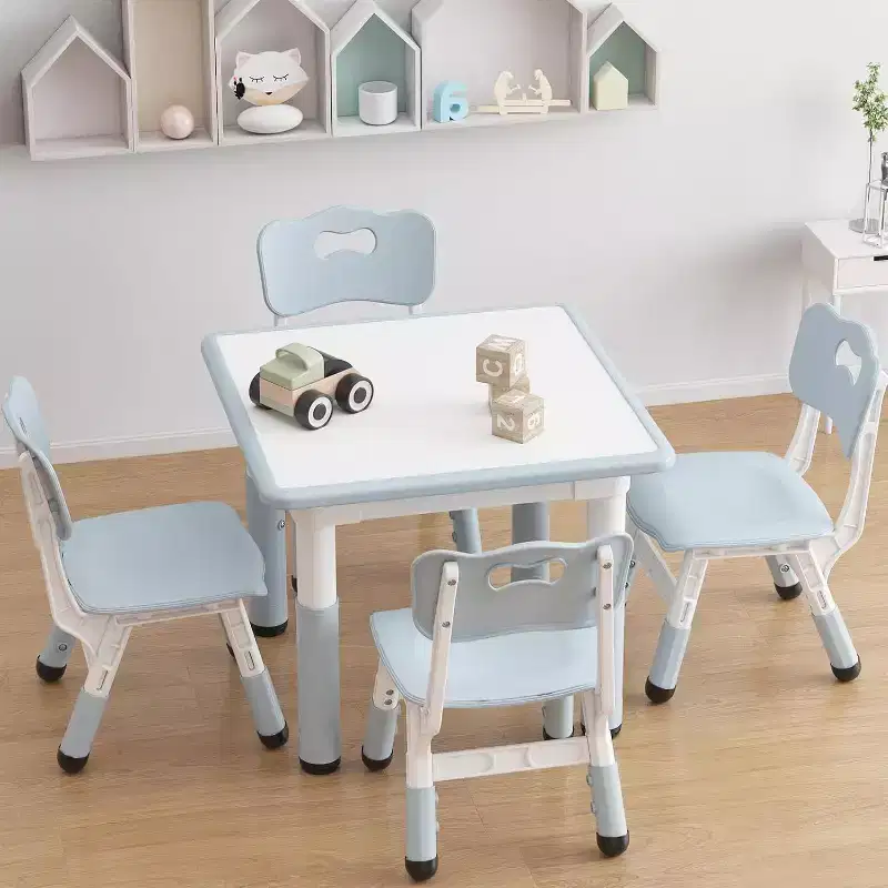 Kids Table and 4 Chairs Set with Particleboard Desktop, Height Adjustable, Anti-Slip Pad, Compact Dining Set, and Durable Desktop