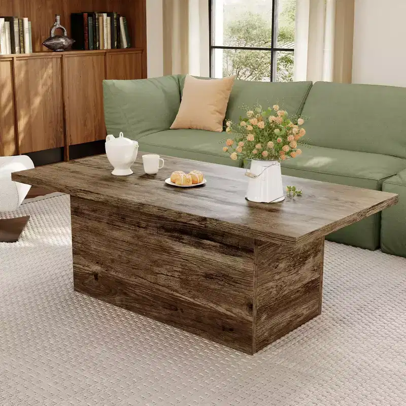 Rectangular Coffee Table, 47.25-Inch Modern Solid Wood Medium Coffee Table, Wooden Farmhouse Rustic Cocktail Coffee Table