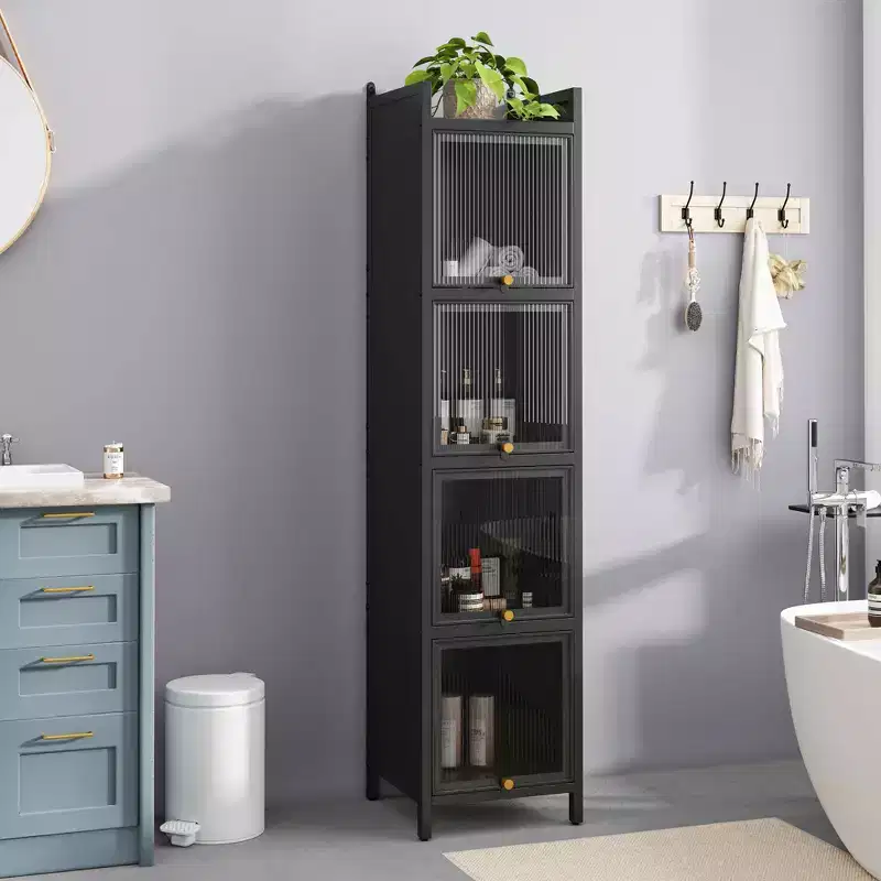 Modern Glass Door Display Cabinet, 4 Glass Doors with 5-Tier Storage for Living Room or Bathroom, Black