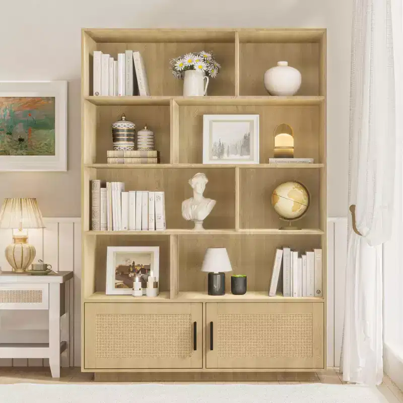 5 Tier Bookshelf, Boho Style Bookcase, Rattan Door, Wooden Bookcase and Shelf with Storage Function, High Bookcase, Large Bookcase, Suitable