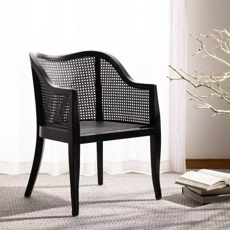 Cane Dining Arm Chair – Elm Wood Frame, Curved Back, White, 275 lb Capacity