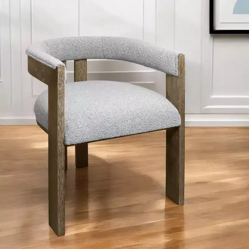 HomeRoots Gray and Brown Upholstered Boucle Open Back Dining Arm Chair