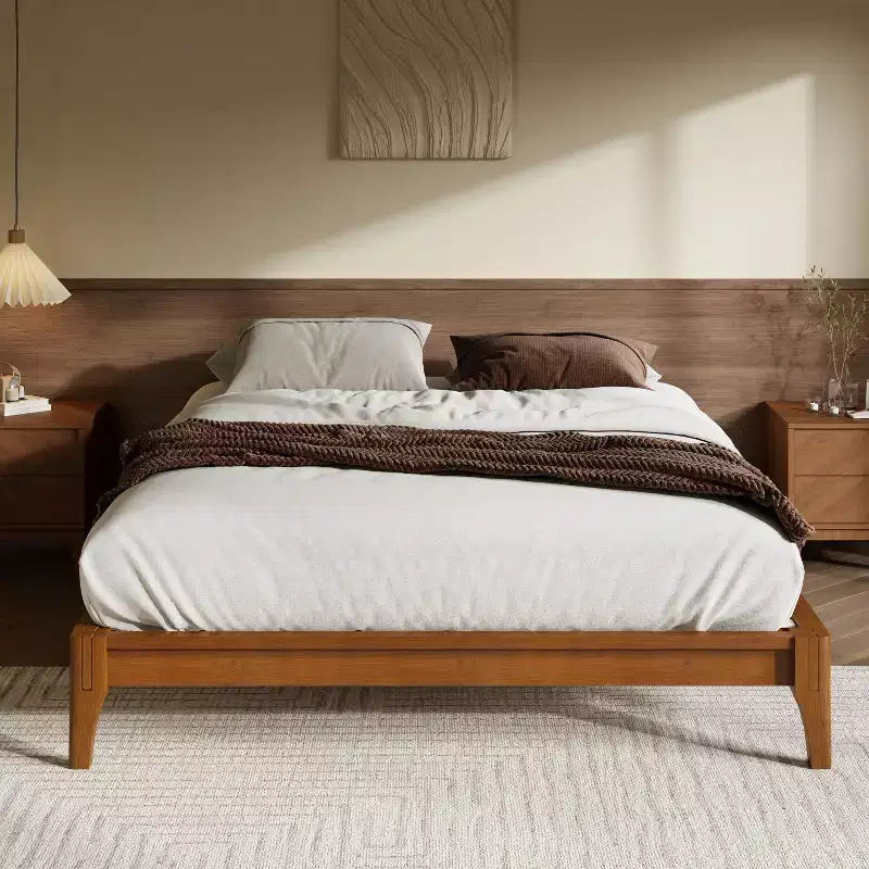 Solid Bamboo Platform Bed Frame with Wooden Slats & Metal Support