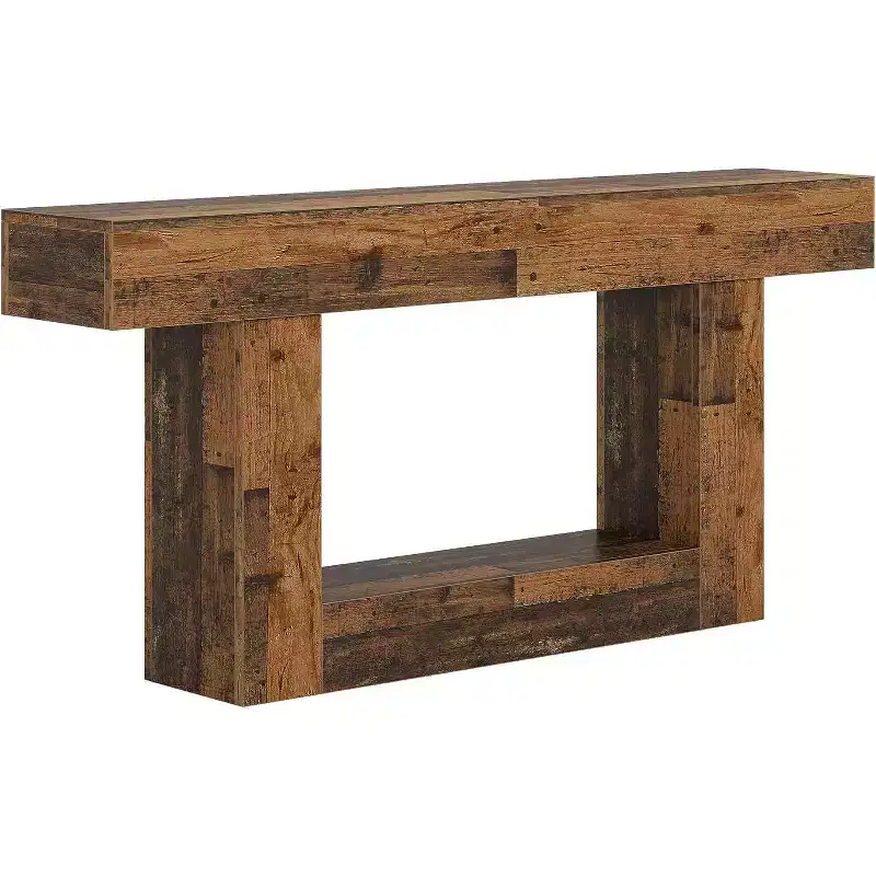 Lantine 63-Inch Console Table, Farmhouse 2-Tier Entryway Table with U-Shaped Base for Living Room, Hallway, Foyer, Mix Brown