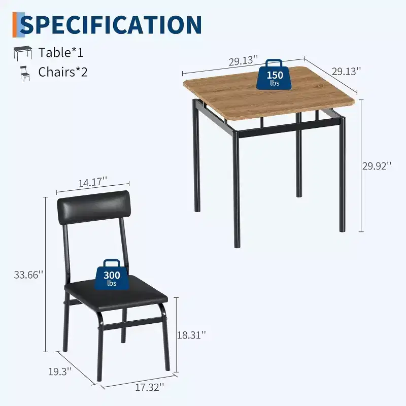 3-Piece Dining Set with Table & 2 Padded Chairs, Wooden Frame, Space-Saving Design, Easy-Clean Surface, Black