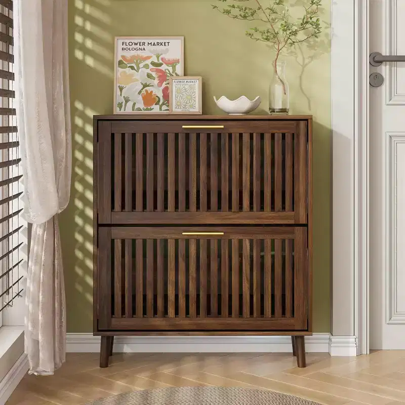 JVNOXK 31.5-inch Mid-Century Modern Freestanding Shoe Cabinet with 2 Flip-Top Drawers, Fence-Style Shoe Storage for Hallways and Entrances