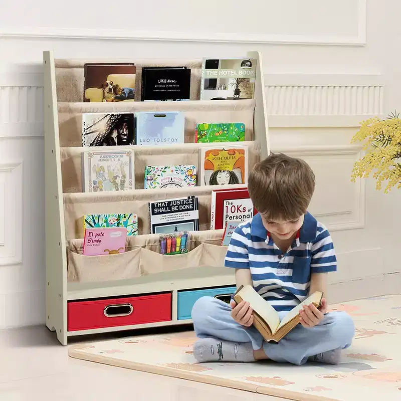 Kids Book Rack Toys Organizer with 4 Sling Bookshelf & 2 Boxes Espresso/Beige