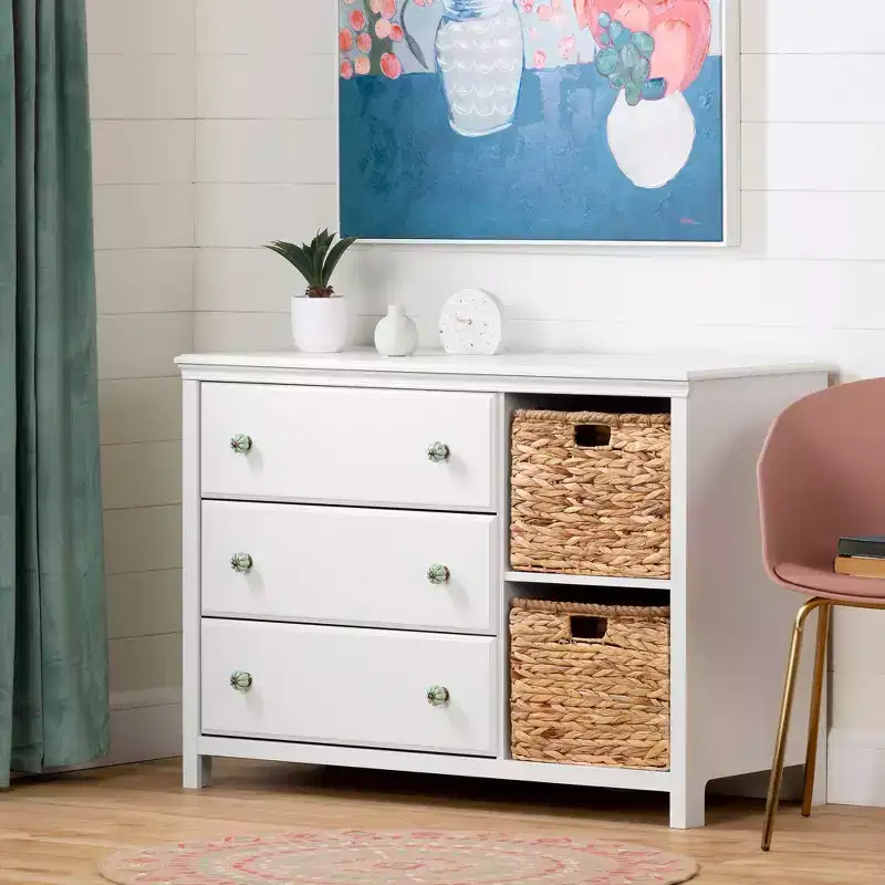 3 Drawer Kids' Dresser with Baskets Pure White - Farmhouse Style, Toddler Storage