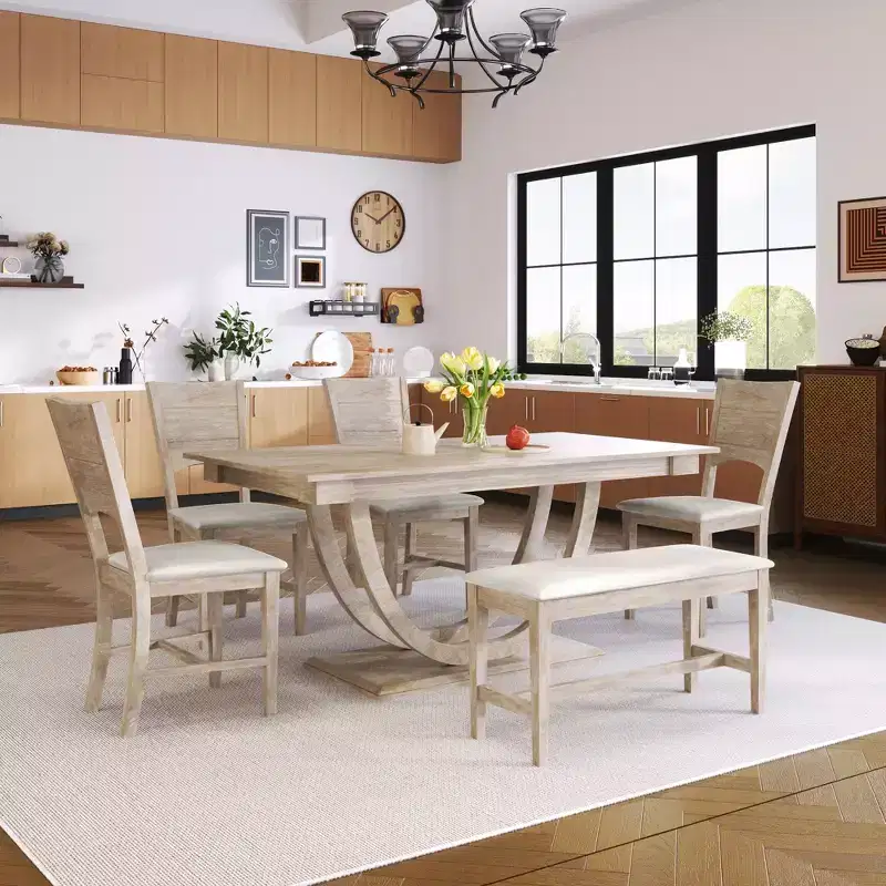 GDFStudio Timo 6 Piece Rubbewood Dinnig Set with Half Round Dining Table, Bench and 4 Chairs