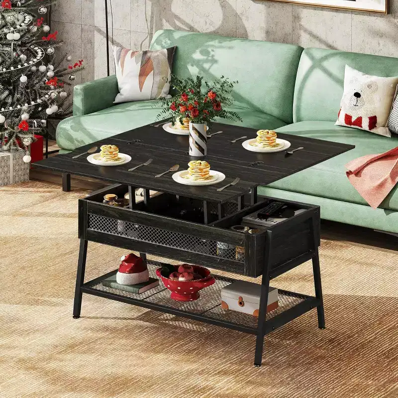 3-in-1 Lift Top Coffee Table with Hidden Compartment, Multi-Function Coffee Table Converts to Dining Table for Living Room, Charcoal Black