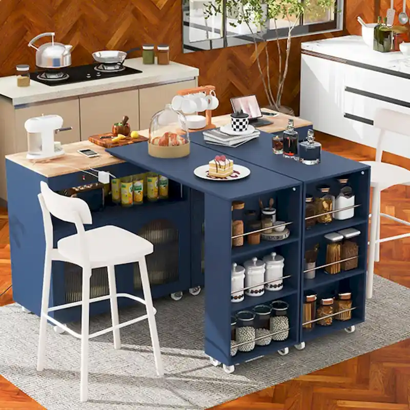LED Lights Kitchen Island Cart With Extended Table and Power Outlets