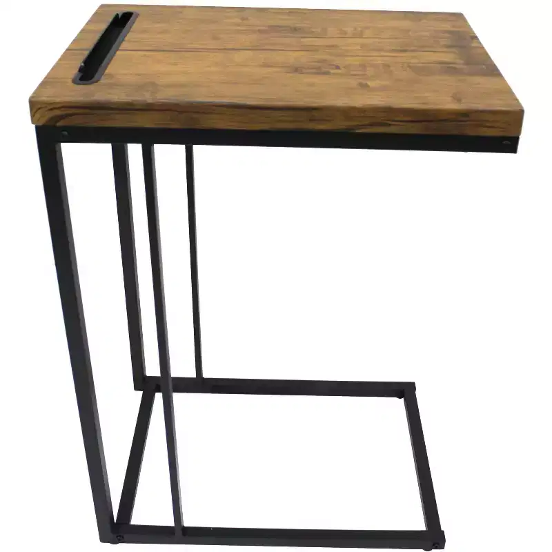 C-Shaped Slide-Under Sofa Side Table with Coffee Top, Black Metal Frame